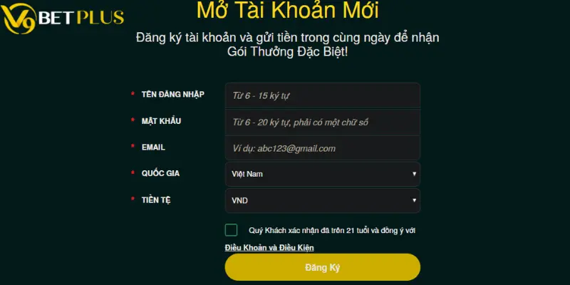 Biểu mẫu để đăng ký account V9bet